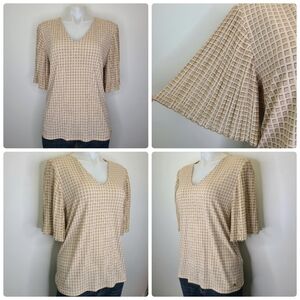 Calvin Klein Beige Checkered Square Print Accordion Pleated Sleeve Top Medium
